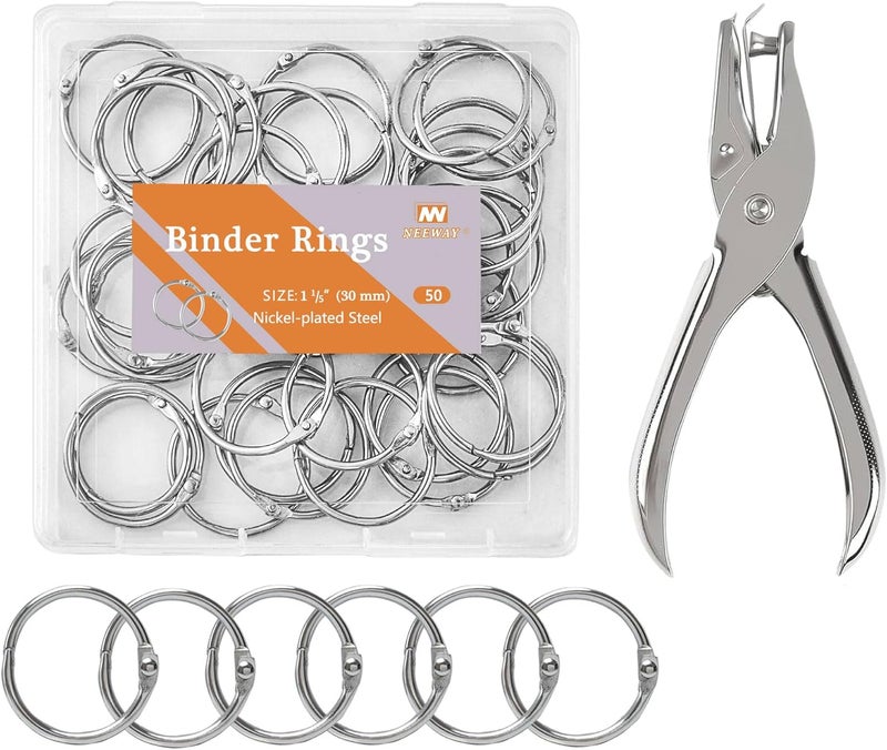 NEEWAY 50pcs Loose Leaf Binder Rings 1 1/5 Inch, Book Rings with Single Hole Puncher, Metal Ring for Index Cards, Metal Paper Ring - Image 1